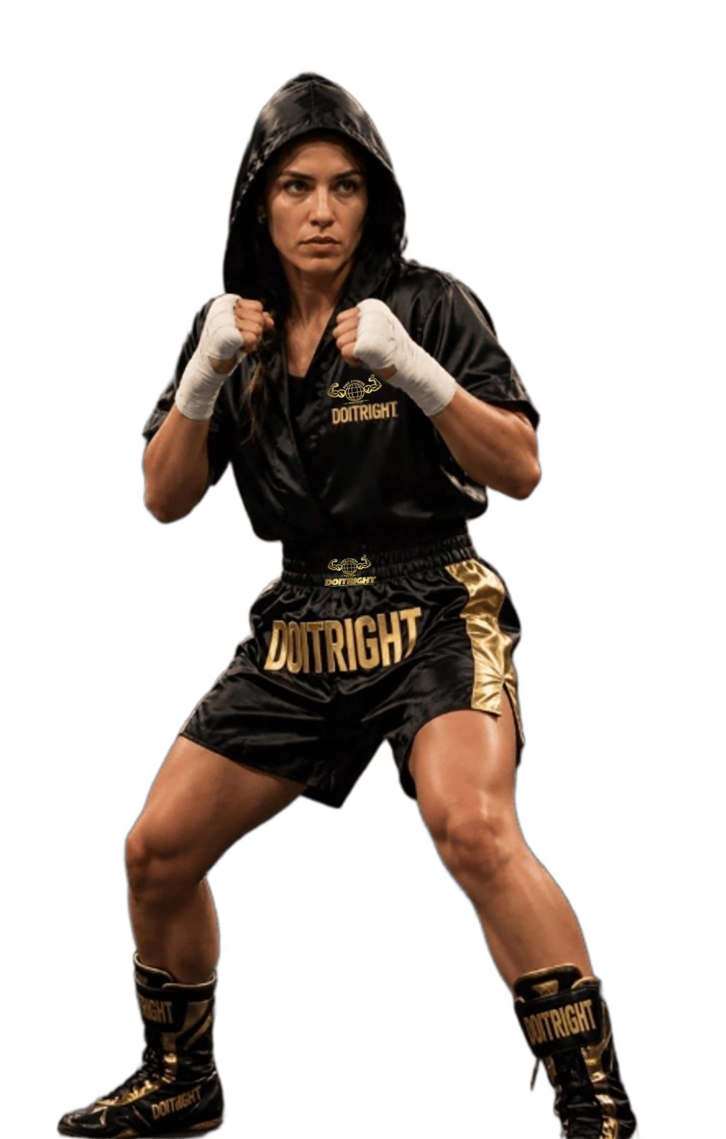 DOITRIGHT ROYAL SERIES WOMEN BLACK & GOLD FULL KIT BOXING BOOT , SHORT & ROBE
