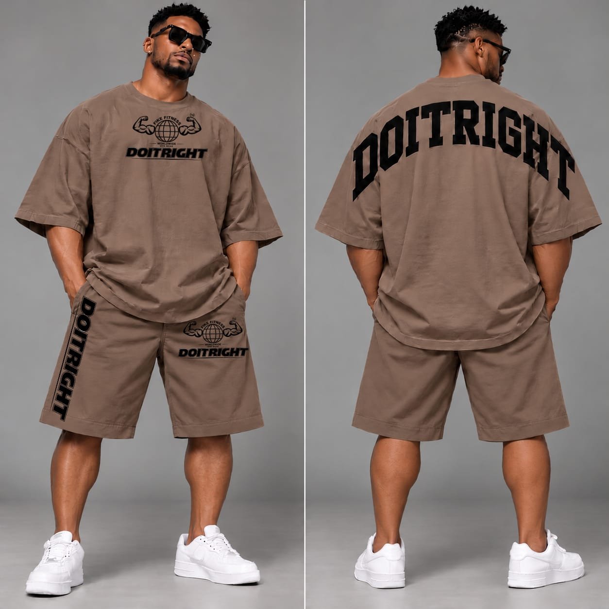 DOITRIGHT PALE BROWN COLOR OVERSIZE TEE+SHORT